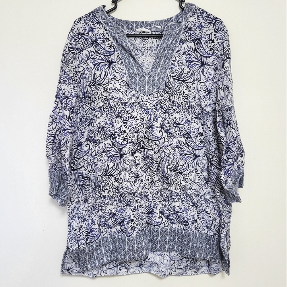 Sigrid Olsen 100% Linen Tunic Top Size L Blue Paisley VNeck Long Sleeve Nautical
